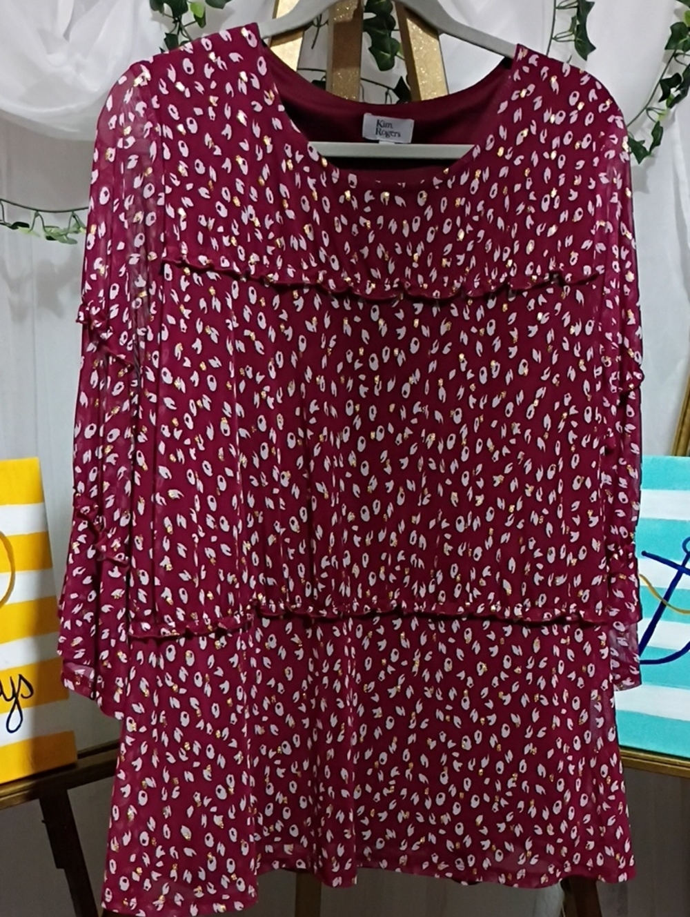 Kim Rogers Burgundy Printed Ruffle Tiered Blouse